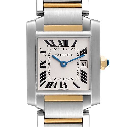 The image shows a Cartier Tank Francaise W51012Q4 Women's Steel and Gold (two tone) Silver Dial W51012Q4 Women's Steel and Gold (two tone) Silver Dial watch, highlighting its square face, Roman numerals, and two-tone metal bracelet.
