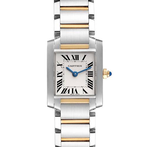 The image shows a front view of a Cartier Tank Francaise W51007Q4 Women's Steel and Gold (two tone) Silver Dial W51007Q4 Women's Steel and Gold (two tone) Silver Dial watch, displaying its dial, hands, and two-tone bracelet.