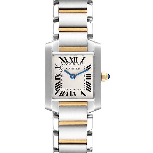 The Tank Française watch by Cartier is shown from a straight-on angle, highlighting its face, Roman numeral hour markers, and link bracelet.