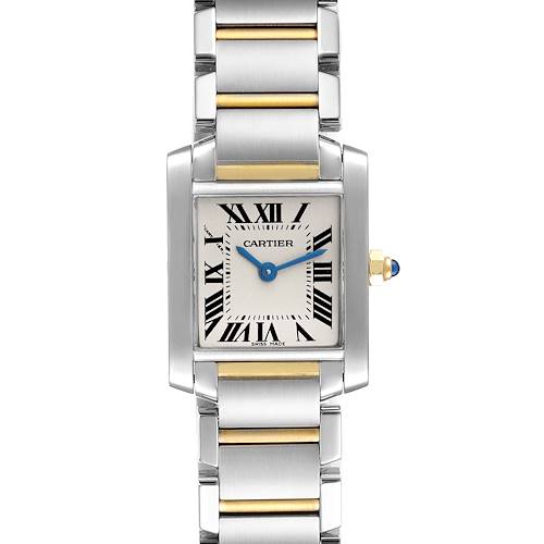 This image shows a front view of the Cartier Tank Française watch, highlighting the face, hands, and part of the bracelet.