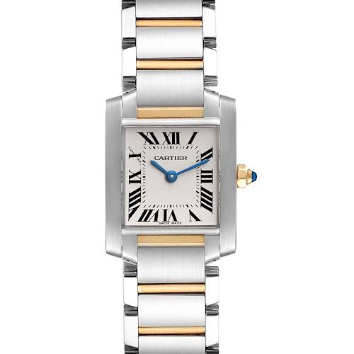 The image shows a straight-on view of a Cartier Tank Francaise W51007Q4 Women's Steel and Gold (two tone) Silver Dial W51007Q4 Women's Steel and Gold (two tone) Silver Dial watch, featuring its face, bracelet, and crown.