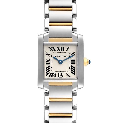 The Cartier Tank Francaise W51007Q4 Women's Steel and Gold (two tone) Silver Dial W51007Q4 Women's Steel and Gold (two tone) Silver Dial watch is shown from the front, displaying the dial, roman numerals, and part of the metal bracelet.