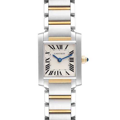 The image shows a front view of a Cartier Tank Francaise W51007Q4 Women's Steel and Gold (two tone) Silver Dial W51007Q4 Women's Steel and Gold (two tone) Silver Dial watch featuring a rectangular face and stainless steel and gold bracelet.