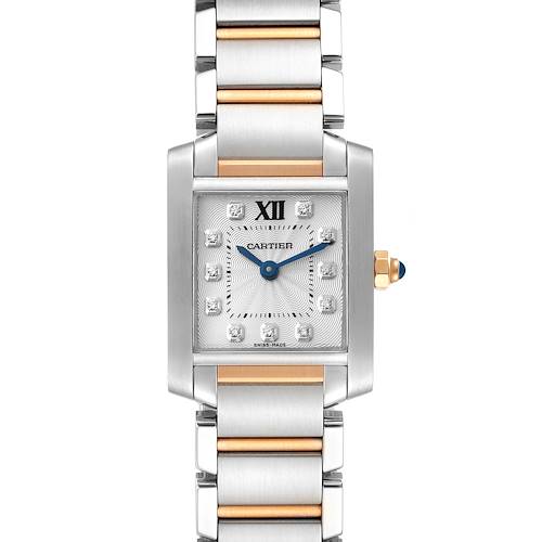 The image shows a front view of a Cartier Tank Francaise WE110004 Women's Steel and Gold (two tone) Silver Dial WE110004 Women's Steel and Gold (two tone) Silver Dial watch, highlighting its rectangular face, metal bracelet, and Roman numeral dial.