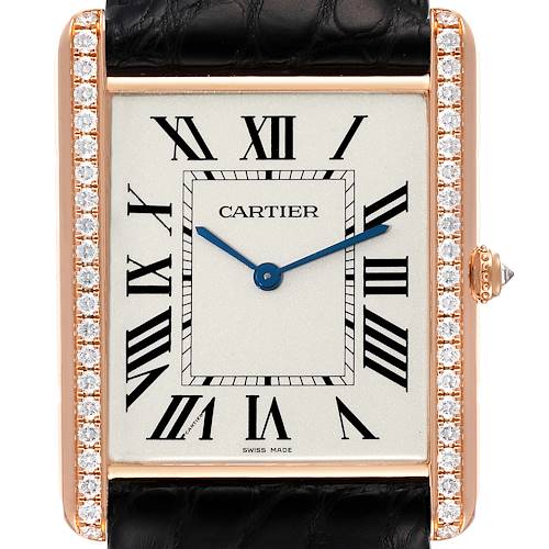 This image shows a front view of the Cartier Tank Louis WT200005 Men's Rose Gold Silver Dial WT200005 Men's Rose Gold Silver Dial watch face, including the bezel and part of the strap.