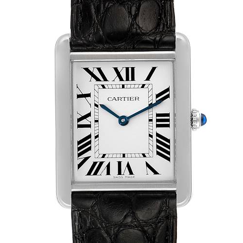 This image shows a front view of the Cartier Tank Solo W1018355 Men's Stainless Steel Silver Dial W1018355 Men's Stainless Steel Silver Dial watch, highlighting the dial, Roman numerals, and leather strap.