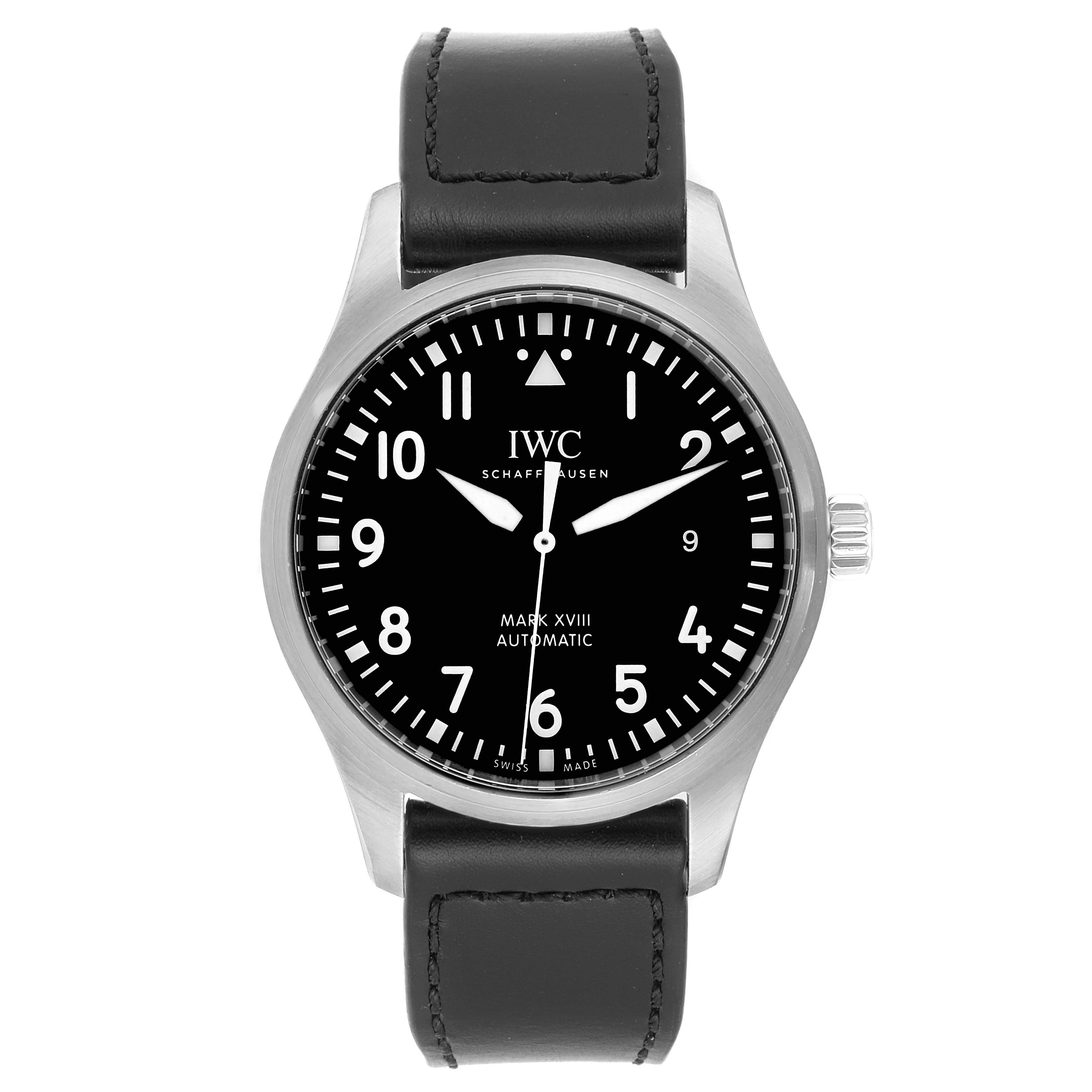 The image shows a front view of an IWC Pilot IW327001 Men's Stainless Steel Black Dial IW327001 Men's Stainless Steel Black Dial Mark XVIII Automatic watch, displaying the dial, hands, and black leather strap.