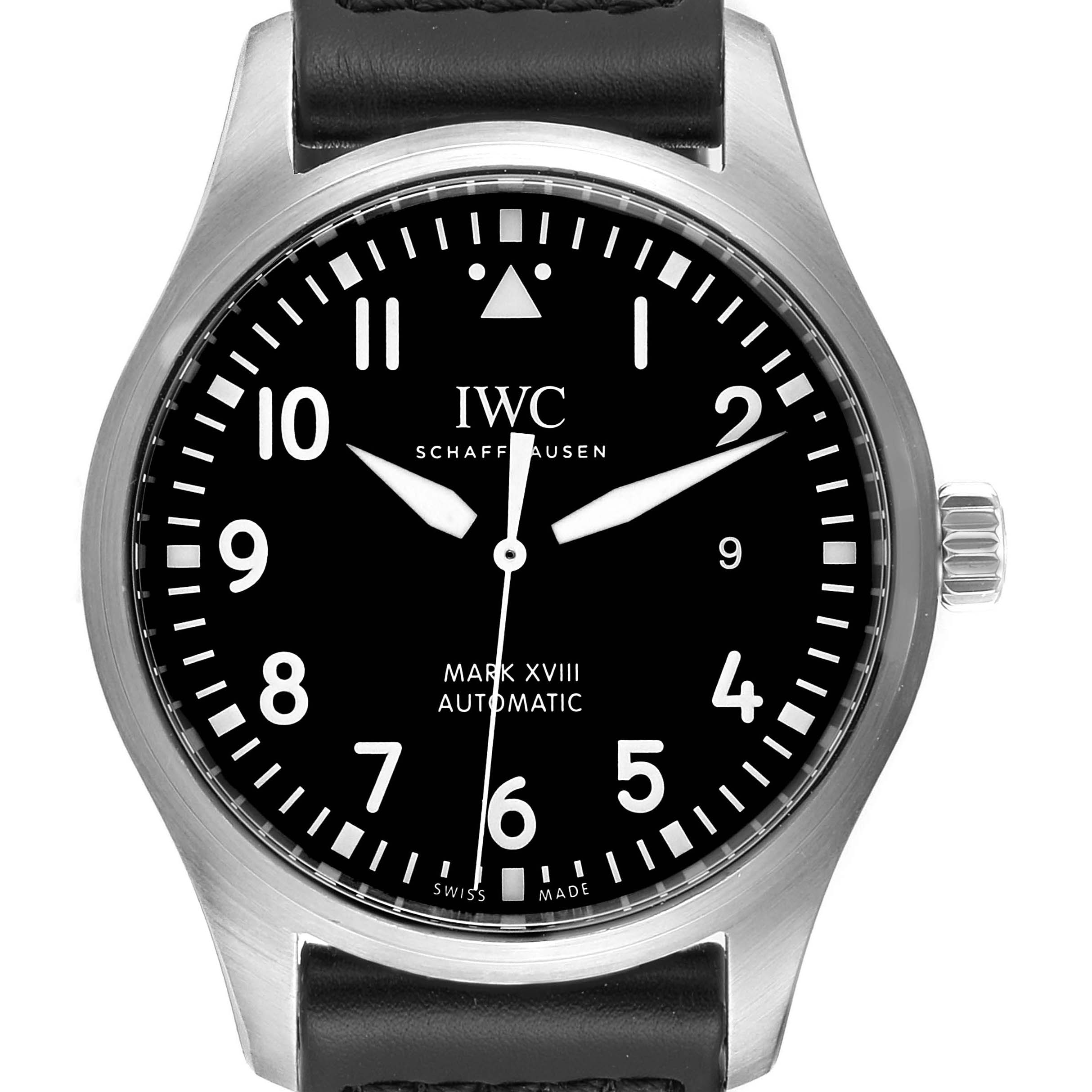 The IWC Pilot IW327001 Men's Stainless Steel Black Dial IW327001 Men's Stainless Steel Black Dial Mark XVIII watch is shown from a direct front angle, highlighting the face, crown, and part of the strap.