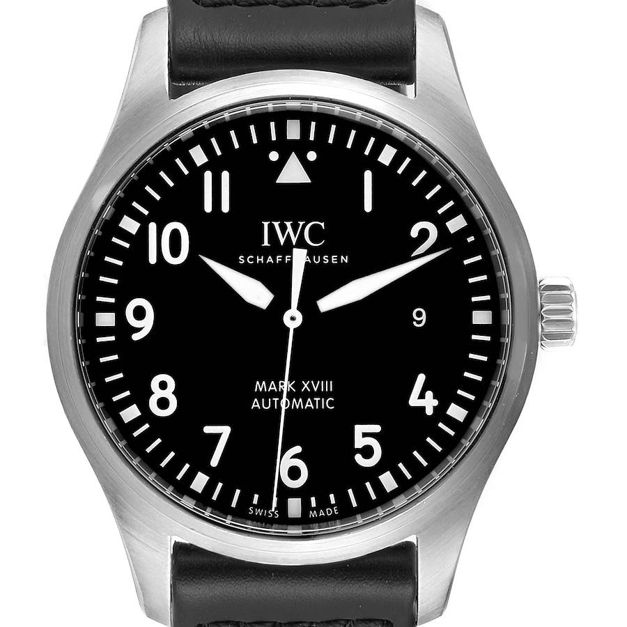 The IWC Pilot IW327001 Men's Stainless Steel Black Dial IW327001 Men's Stainless Steel Black Dial Mark XVIII watch is shown from a direct front angle, highlighting the face, crown, and part of the strap.