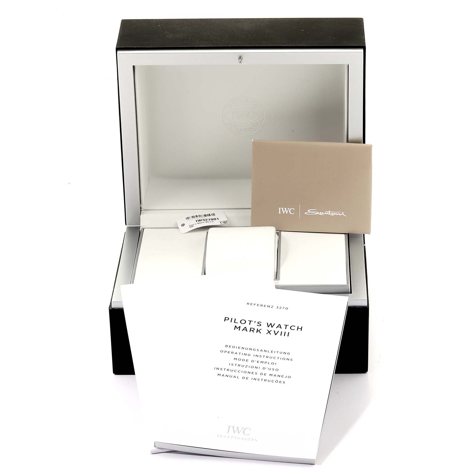 The image shows the open box and manuals of the IWC Pilot IW327001 Men's Stainless Steel Black Dial IW327001 Men's Stainless Steel Black Dial's Watch Mark XVIII.
