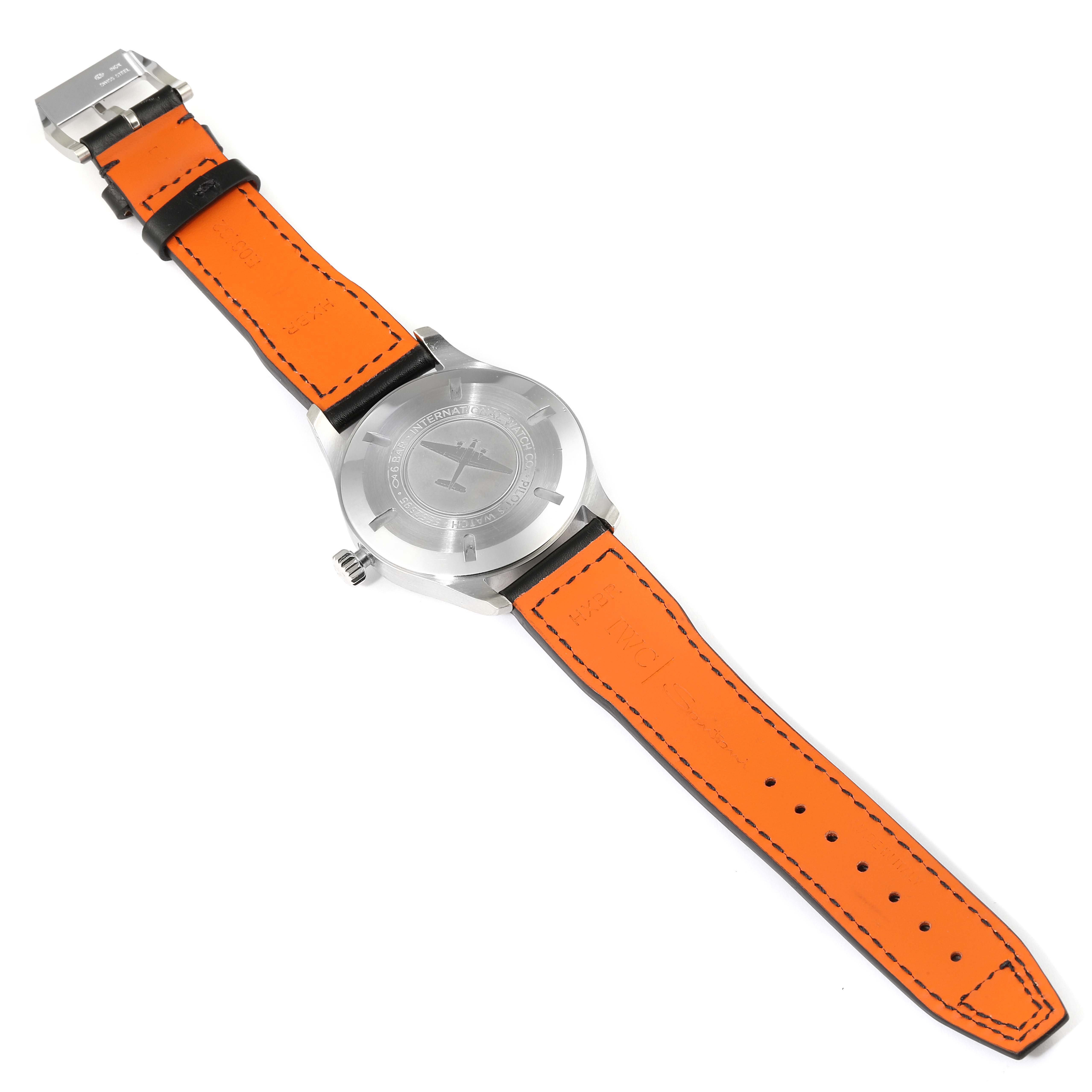 This is the rear view of an IWC Pilot IW327001 Men's Stainless Steel Black Dial IW327001 Men's Stainless Steel Black Dial model watch, showing the case back and bright orange straps.