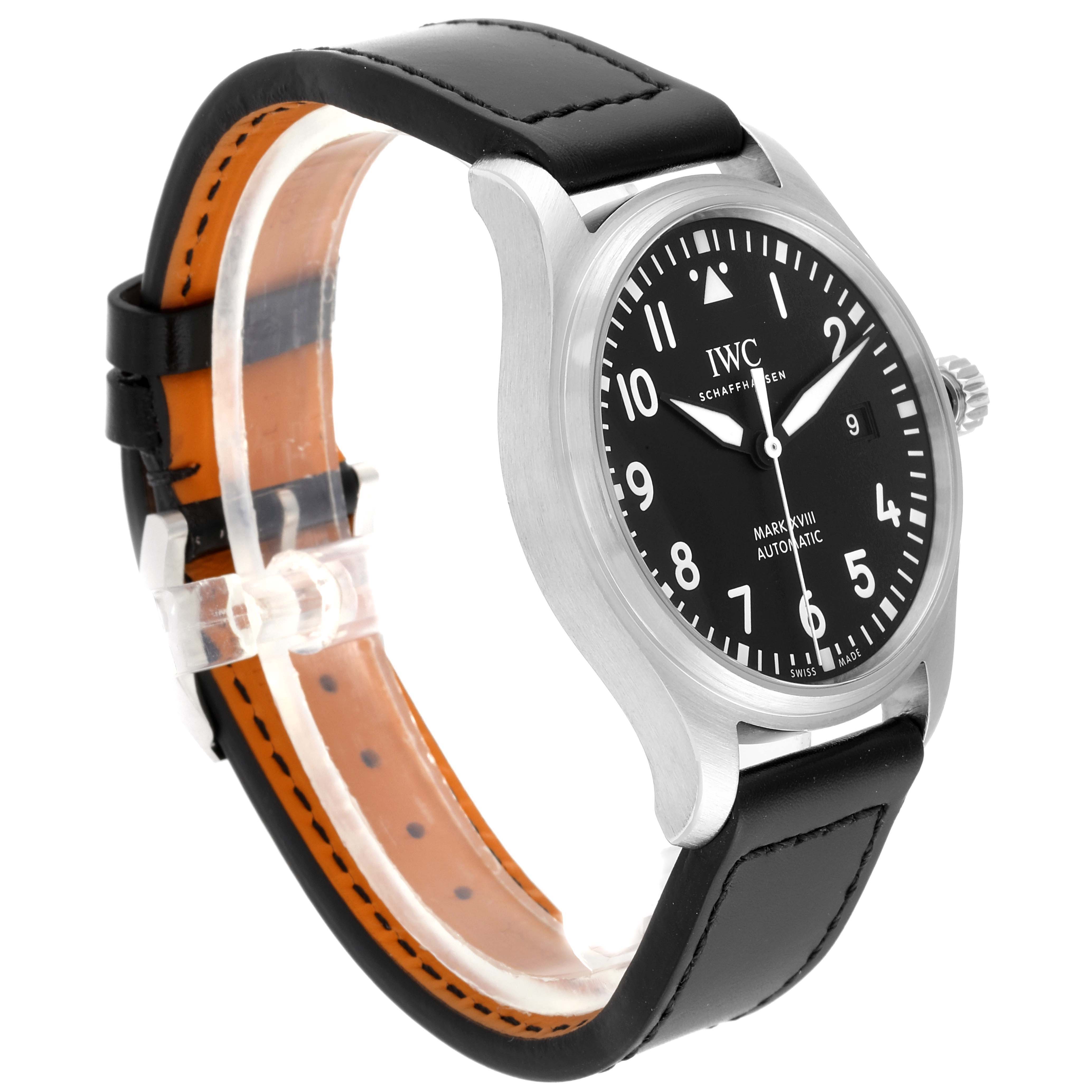 The IWC Pilot IW327001 Men's Stainless Steel Black Dial IW327001 Men's Stainless Steel Black Dial model watch is shown from a front angle with its face, bezel, crown, and leather strap visible.