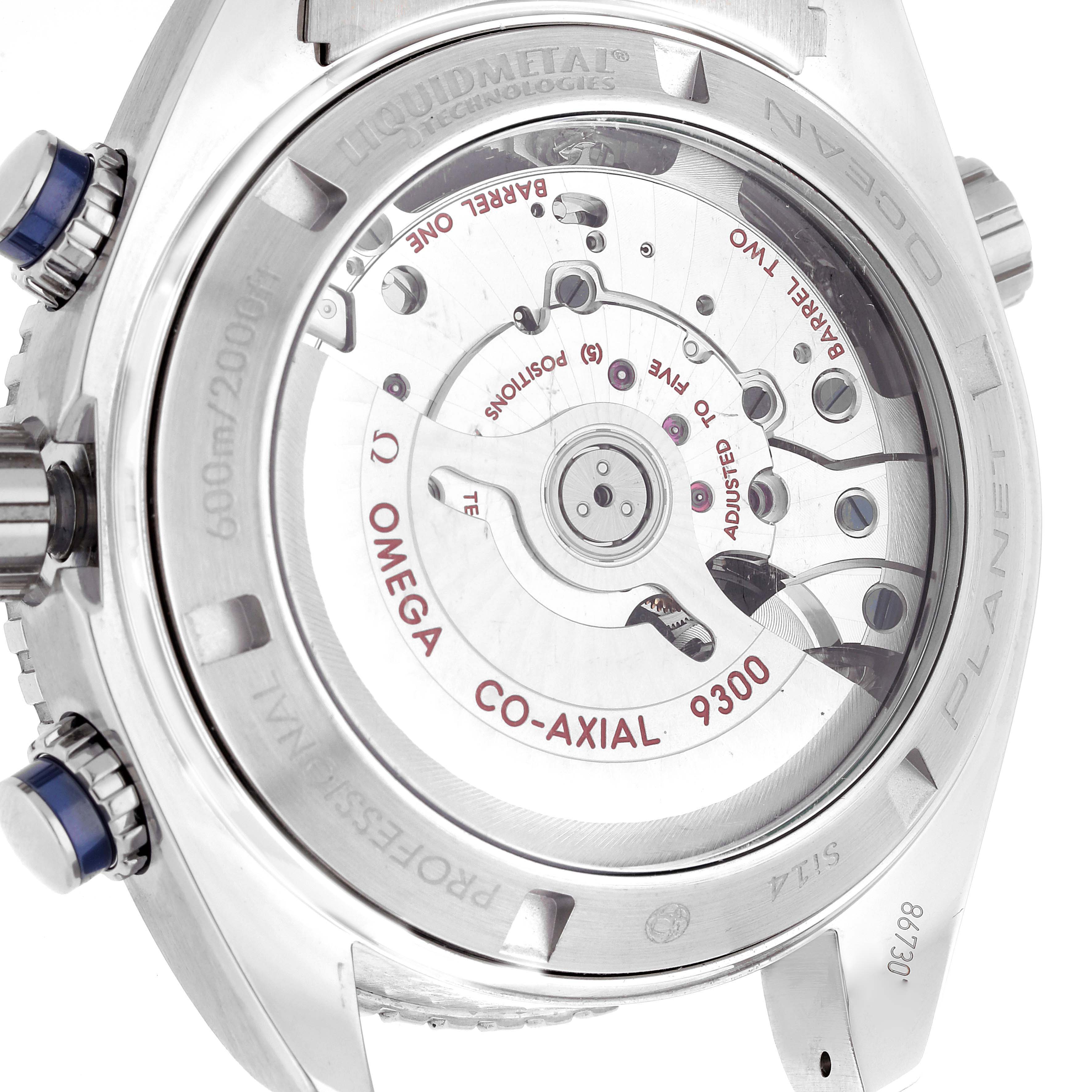 This image shows the back case of the Omega Planet Ocean 232.90.46.51.03.001 Men's Titanium Blue Dial 232.90.46.51.03.001 Men's Titanium Blue Dial watch, displaying its Co-Axial 9300 movement mechanism.