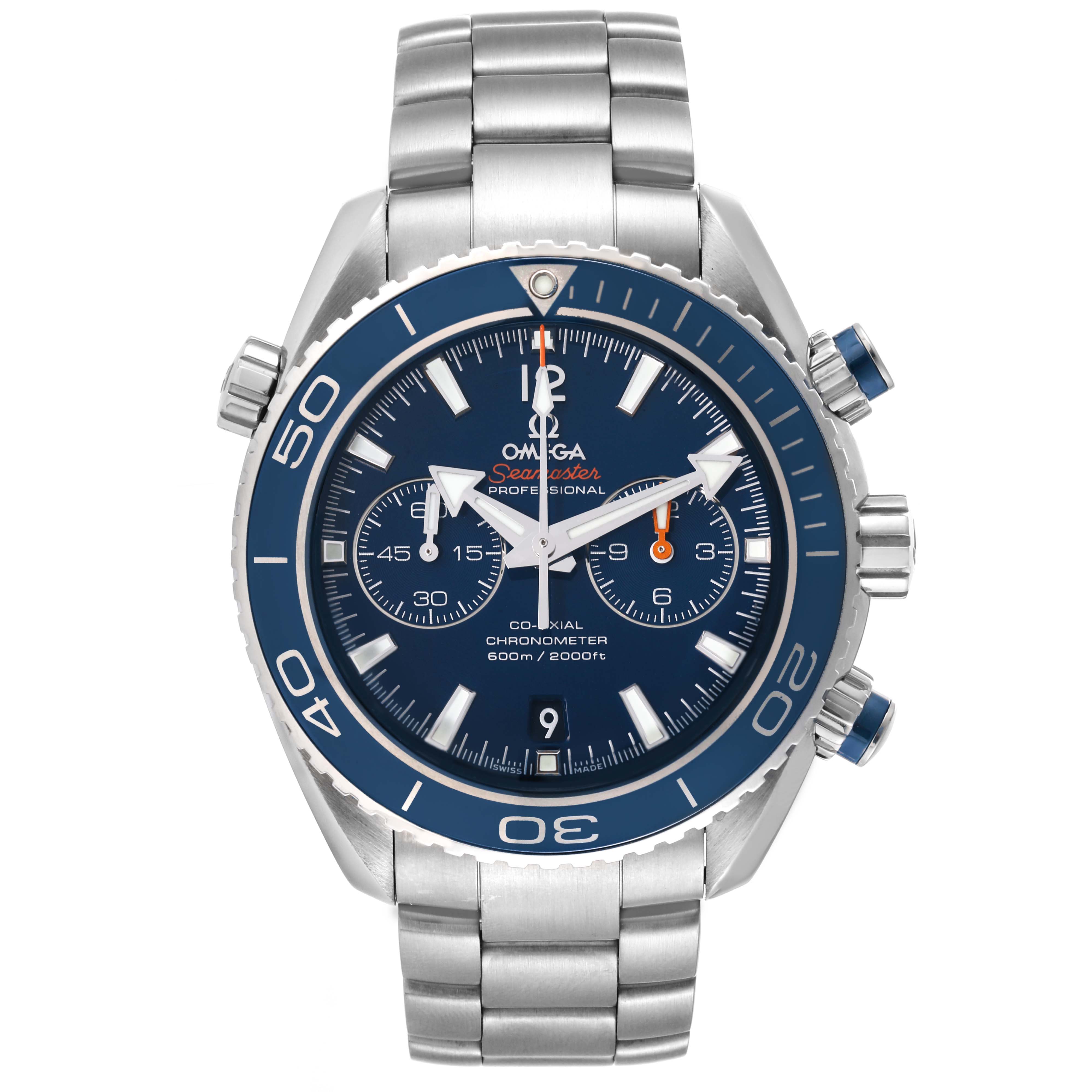 The image shows a front view of the Omega Planet Ocean 232.90.46.51.03.001 Men's Titanium Blue Dial 232.90.46.51.03.001 Men's Titanium Blue Dial watch, highlighting the dial, bezel, pushers, and bracelet.