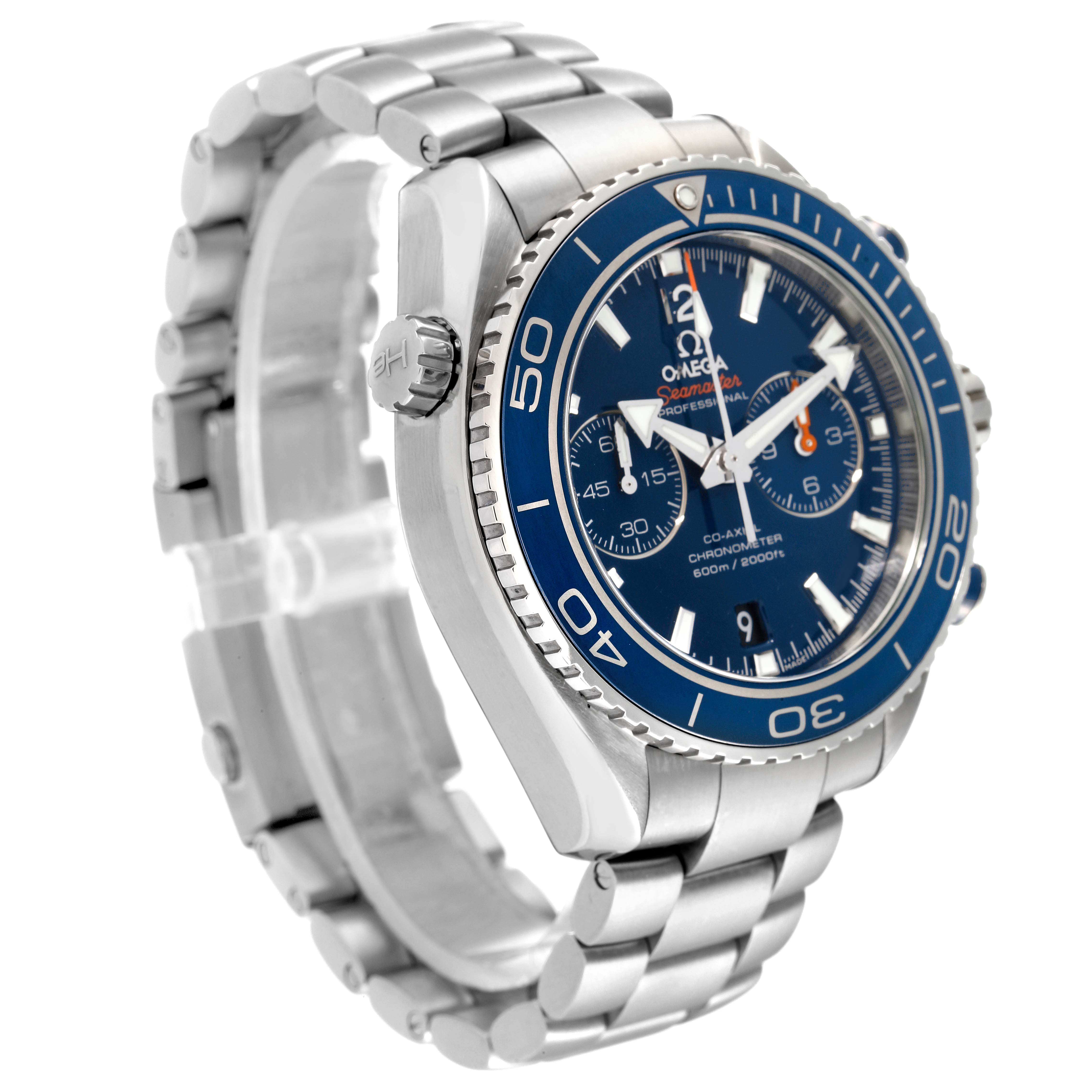 The image shows a left side angle of the Omega Planet Ocean 232.90.46.51.03.001 Men's Titanium Blue Dial 232.90.46.51.03.001 Men's Titanium Blue Dial watch, highlighting its bezel, dial, crown, and bracelet.