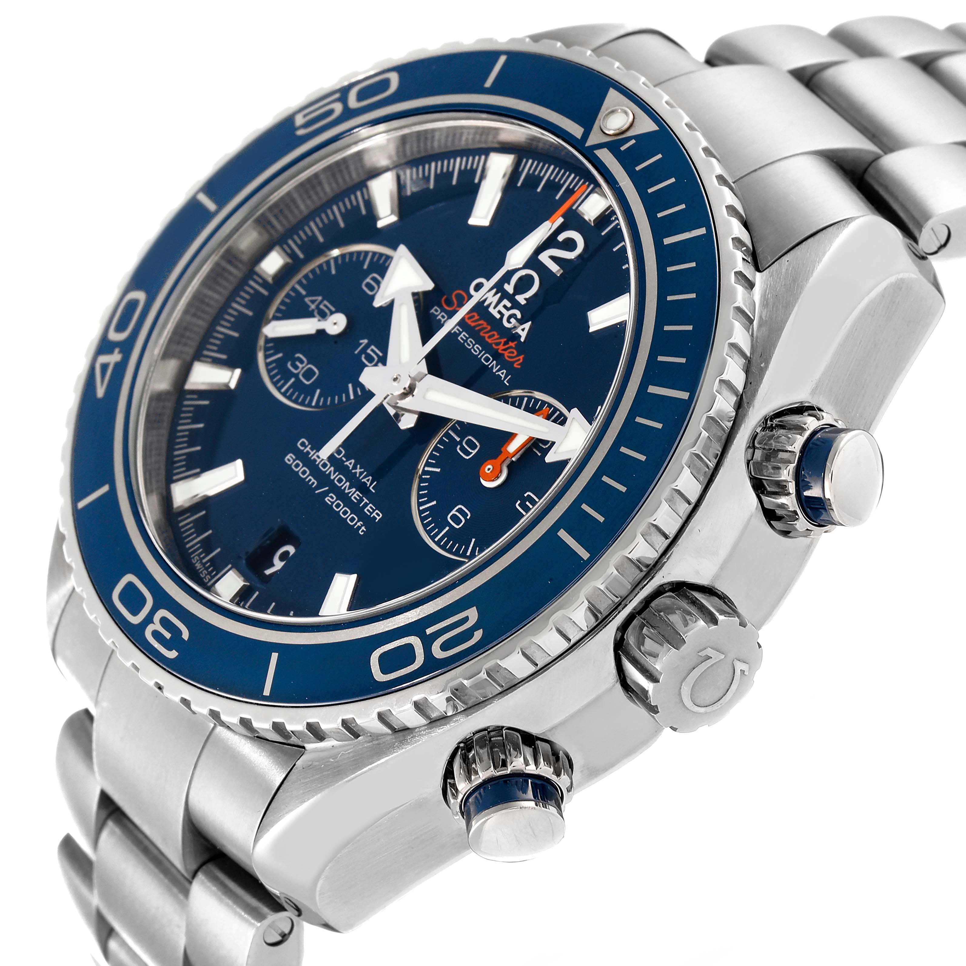 The Omega Planet Ocean 232.90.46.51.03.001 Men's Titanium Blue Dial 232.90.46.51.03.001 Men's Titanium Blue Dial watch is shown at a three-quarter angle, displaying the dial, bezel, crown, and part of the bracelet.