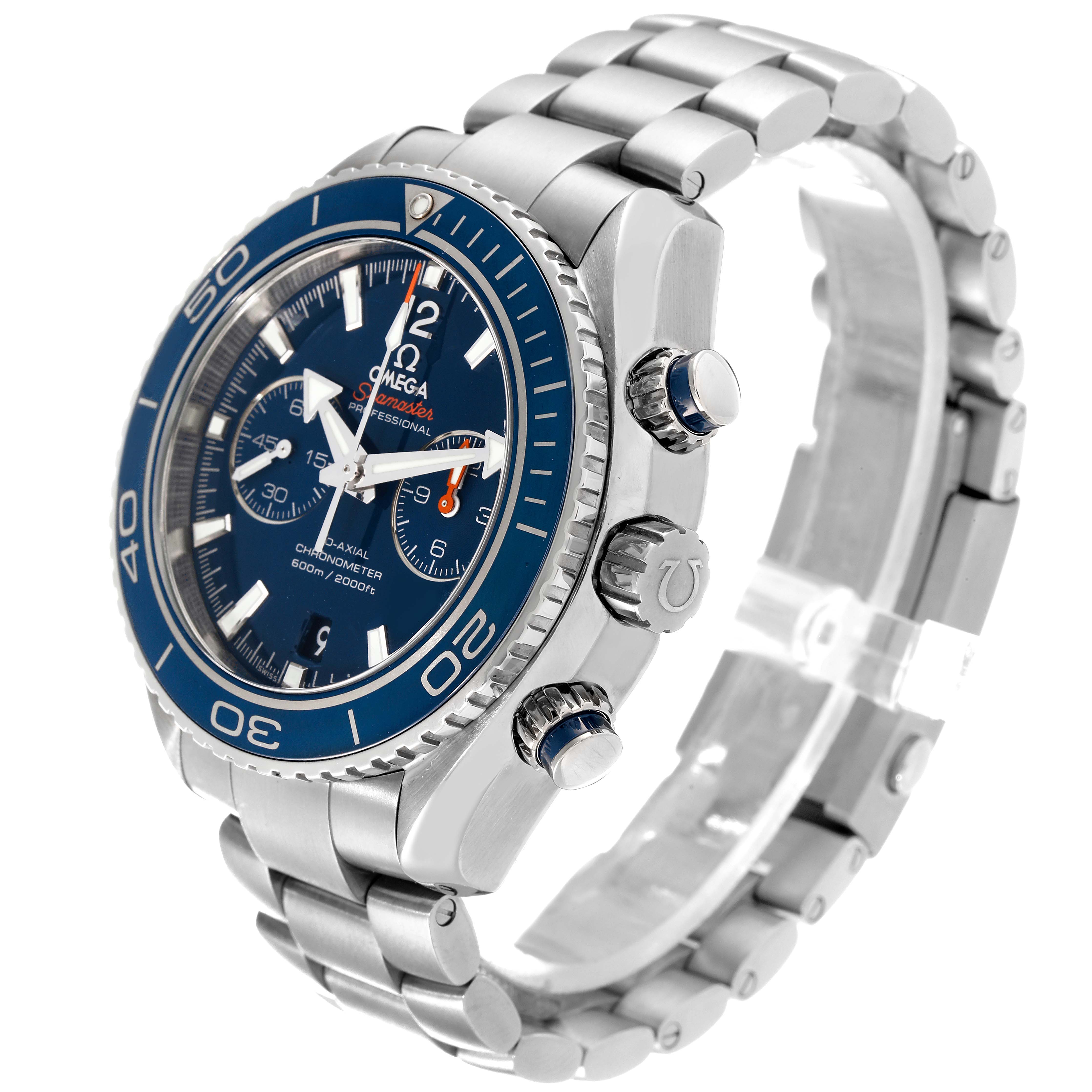 The Omega Planet Ocean 232.90.46.51.03.001 Men's Titanium Blue Dial 232.90.46.51.03.001 Men's Titanium Blue Dial watch is displayed at a three-quarter angle showing the face, bezel, crown, and bracelet.