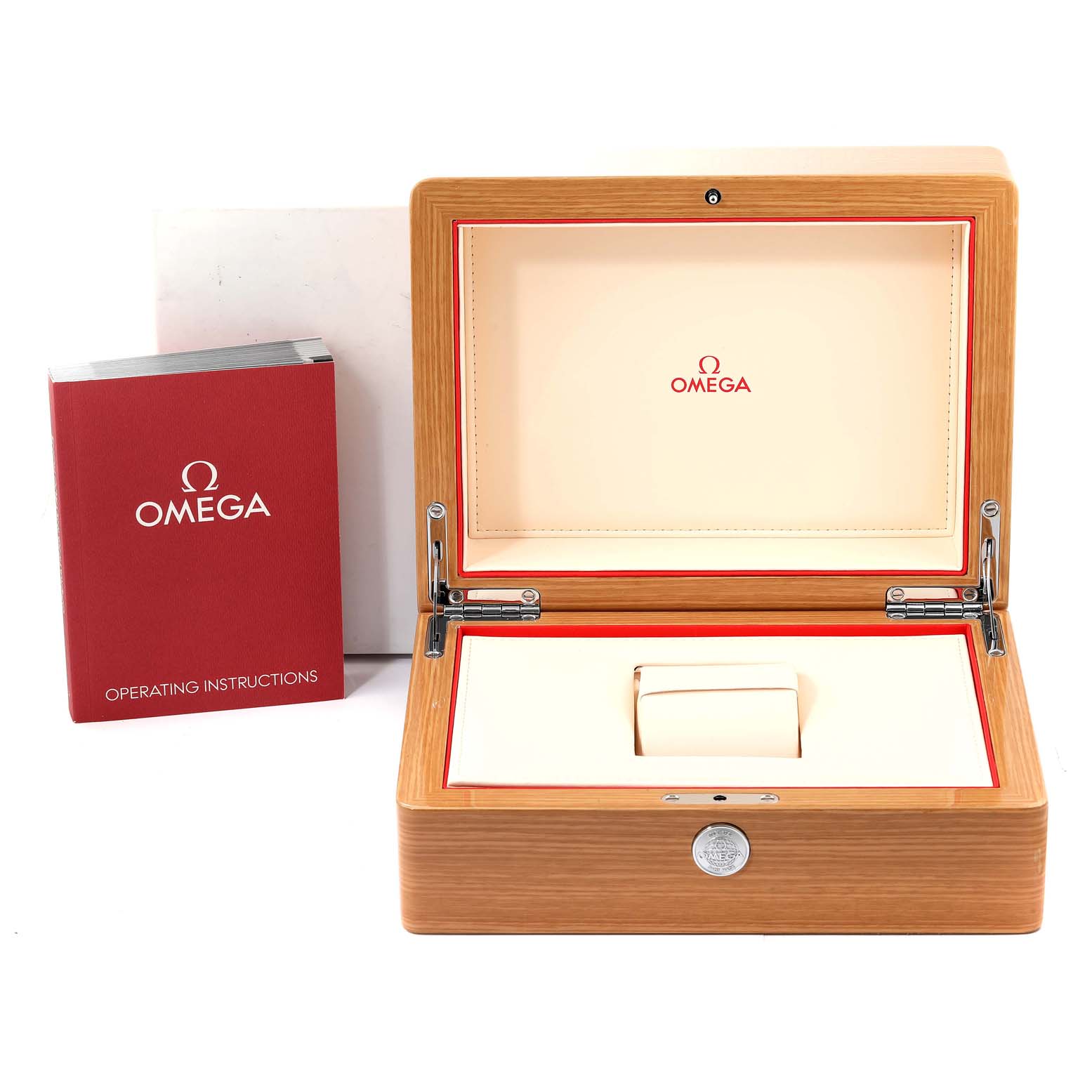 The image shows the Omega Planet Ocean 232.90.46.51.03.001 Men's Titanium Blue Dial 232.90.46.51.03.001 Men's Titanium Blue Dial watch box and operating instructions from a front angle.