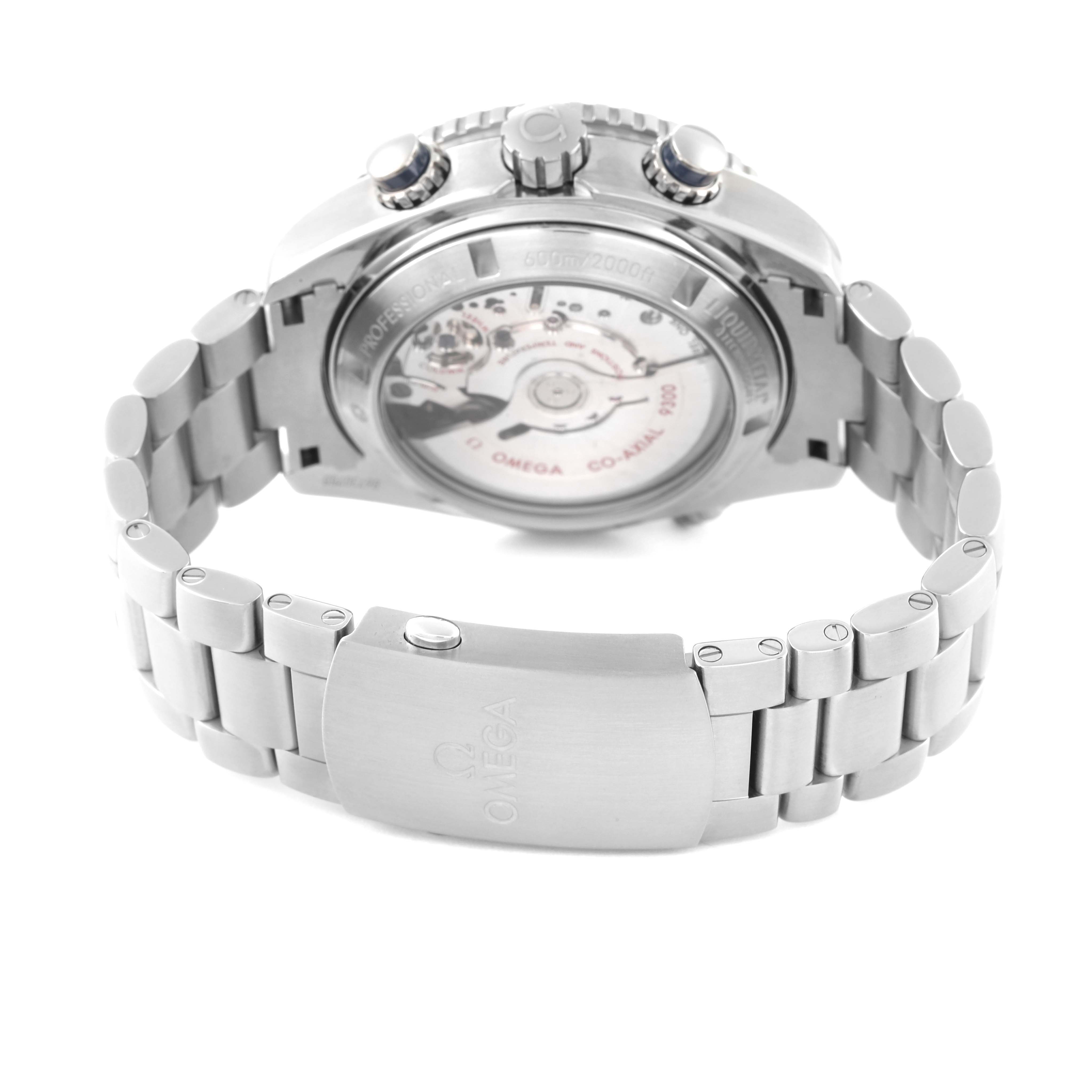 This image shows the back view of the Omega Planet Ocean 232.90.46.51.03.001 Men's Titanium Blue Dial 232.90.46.51.03.001 Men's Titanium Blue Dial watch, highlighting its open case back and metal bracelet clasp.