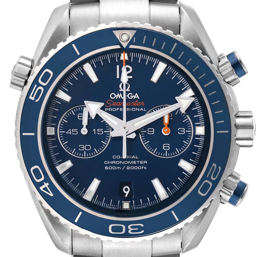 The image shows a front view of the Omega Planet Ocean 232.90.46.51.03.001 Men's Titanium Blue Dial 232.90.46.51.03.001 Men's Titanium Blue Dial watch displaying the dial, bezel, crown, and chronograph features.