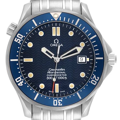 The Omega Seamaster 2531.80.00 Men's Stainless Steel Blue Dial 2531.80.00 Men's Stainless Steel Blue Dial watch is shown from the front, highlighting its face, bezel, crown, and part of the bracelet.