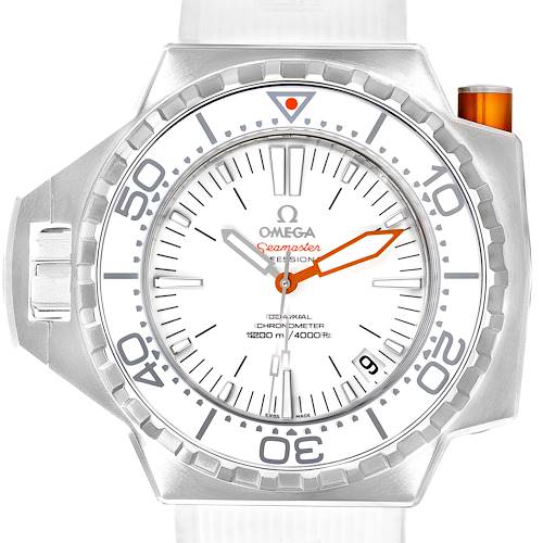 The image displays a front view of the Omega Seamaster Ploprof watch, showcasing its dial, bezel, and crown.