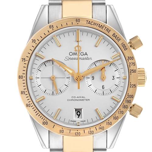 The Omega Seamaster 331.20.42.51.02.001 Men's Steel and Gold (two tone) Silver Dial 331.20.42.51.02.001 Men's Steel and Gold (two tone) Silver Dial watch is shown from a front angle, highlighting its dial, tachymeter bezel, and crown.