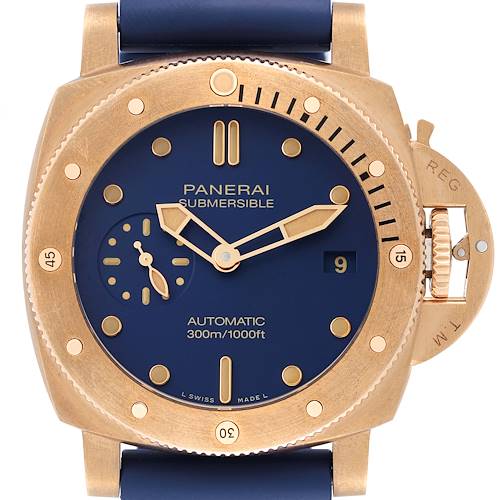 This is a front view of a Panerai Submersible PAM01074 Men's Bronze Blue Dial PAM01074 Men's Bronze Blue Dial watch, displaying its dial, bezel, crown guard, and strap attachments.