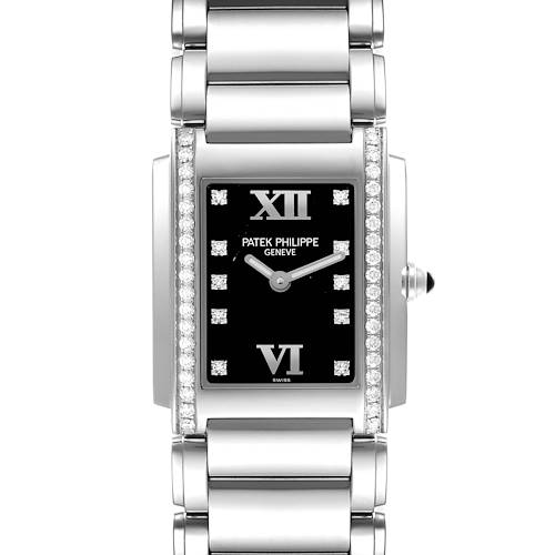 The Patek Philippe Twenty-4 4910/10A-001 Women's Stainless Steel Black Dial 4910/10A-001 Women's Stainless Steel Black Dial watch is shown from the front, highlighting the dial, case, and bracelet with diamond accents.
