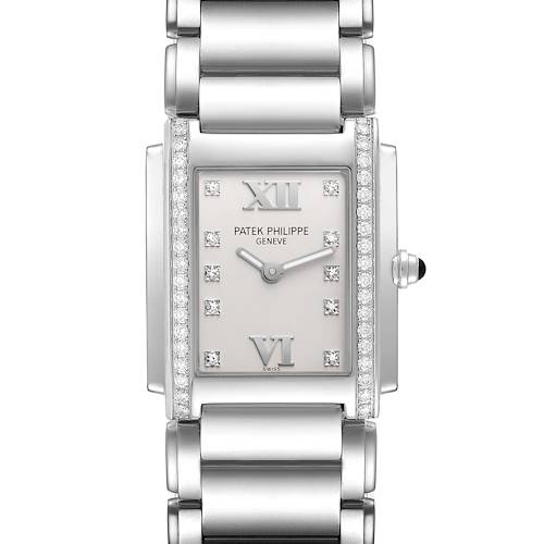 The Patek Philippe Twenty-4 4910/10A-011 Women's Stainless Steel Silver Dial 4910/10A-011 Women's Stainless Steel Silver Dial watch is shown from the front, highlighting its dial, diamond accents, and bracelet.