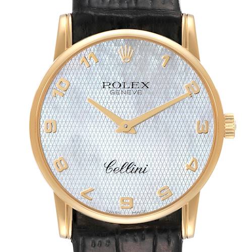 The image shows a front view of a Rolex Cellini 5116 Men's Yellow Gold Mother of Pearl Dial 5116 Men's Yellow Gold Mother of Pearl Dial watch, highlighting the dial, hands, and case.
