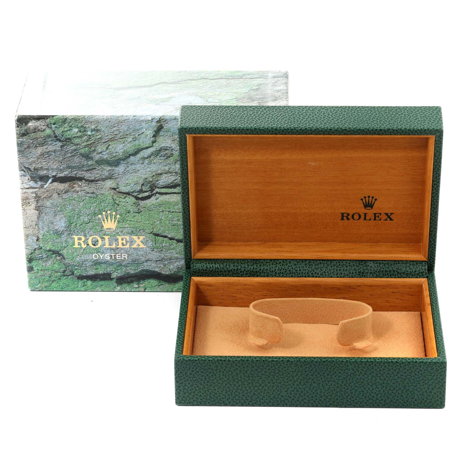 The image shows an open green Rolex watch box with a cushioned interior for holding a Rolex Date 15200 Men's Stainless Steel Blue Dial 15200 Men's Stainless Steel Blue Dial model watch, alongside its outer box.