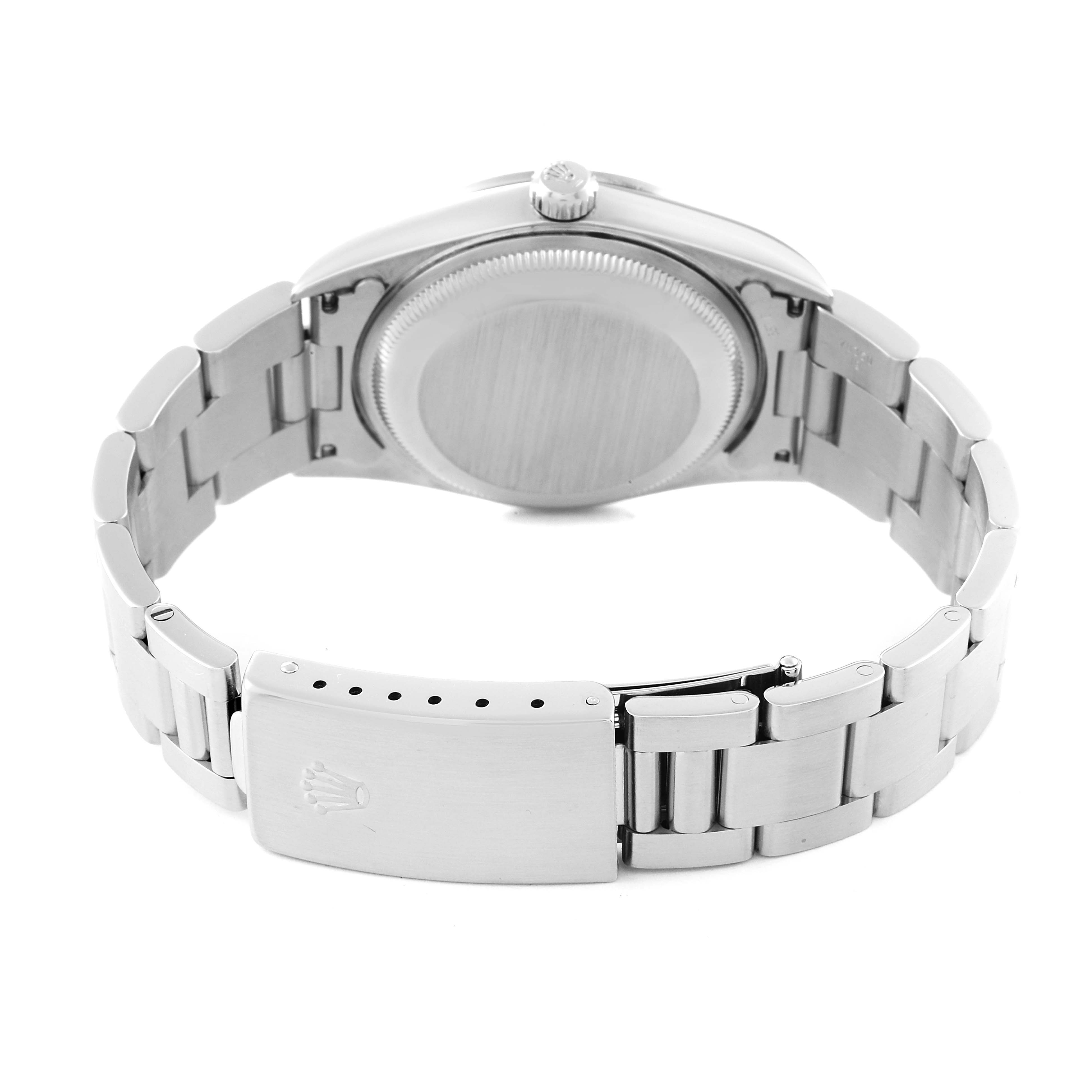 This image shows the back view of a Rolex Date 15200 Men's Stainless Steel Blue Dial 15200 Men's Stainless Steel Blue Dial model watch, focusing on the case back and the metal bracelet clasp.