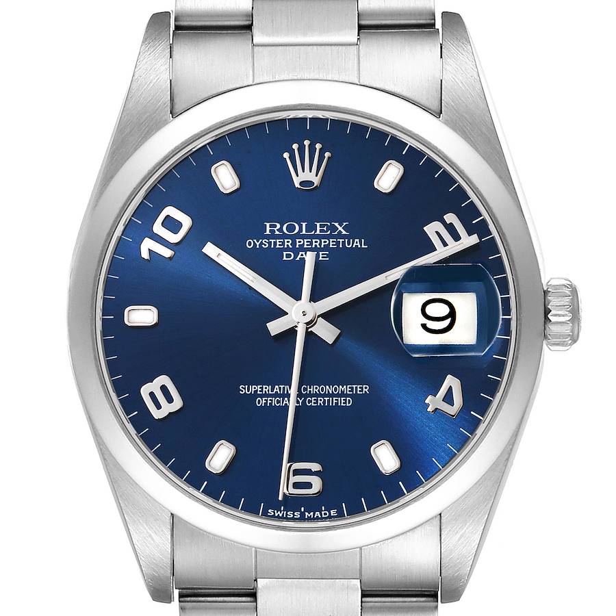 This is a front view of a Rolex Oyster Perpetual Date watch, showing the dial, bezel, crown, and part of the bracelet.