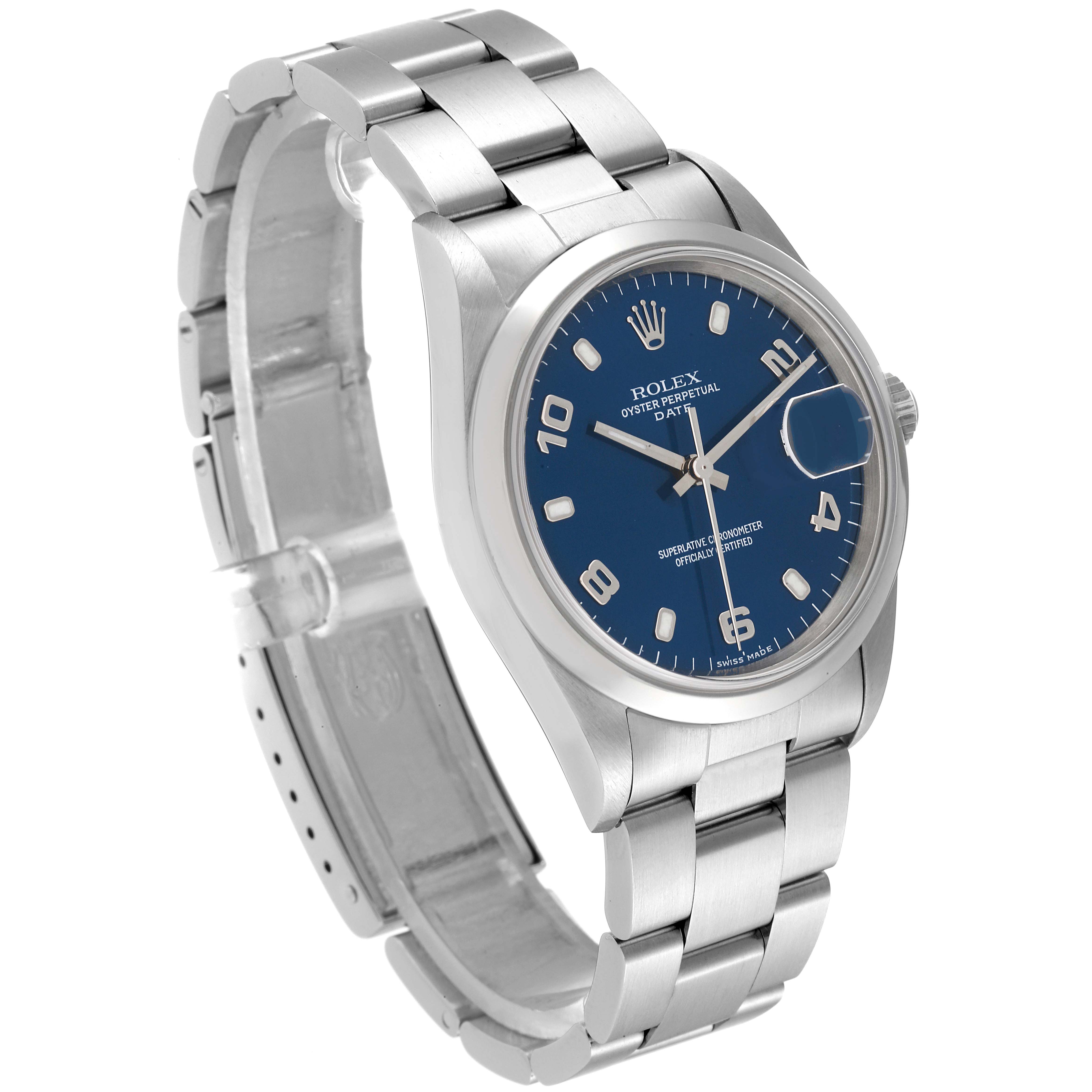 The image shows a right side angle of a Rolex Date 15200 Men's Stainless Steel Blue Dial 15200 Men's Stainless Steel Blue Dial model watch, featuring its blue dial, case, and stainless steel bracelet.