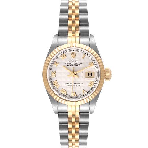 The Rolex Datejust 79173 Women's Steel and Gold (two tone) Beige Dial 79173 Women's Steel and Gold (two tone) Beige Dial watch is shown from the front, displaying the dial, bezel, crown, and bracelet.