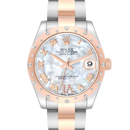 This image shows a front view of a Rolex Mid-Size 178341 Women's Steel and Gold (two tone) Mother of Pearl Dial 178341 Women's Steel and Gold (two tone) Mother of Pearl Dial Datejust watch, highlighting its face, bezel, and bracelet.
