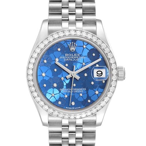 The image shows a front view of a Mid-Size Rolex Datejust watch, featuring a blue dial, diamond bezel, and a Jubilee bracelet.