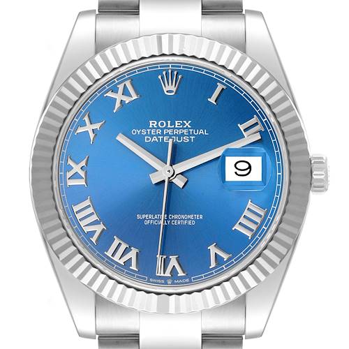 The image shows a frontal view of the Rolex Datejust 41 126334 Men's Stainless Steel Blue Dial 126334 Men's Stainless Steel Blue Dial watch with a blue dial and Roman numeral markers.