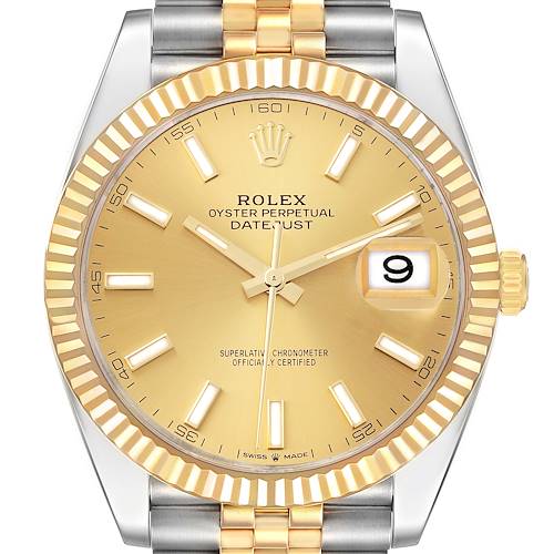 The image shows a front view of the Rolex Datejust 41 126333 Men's Steel and Gold (two tone) Champagne Dial 126333 Men's Steel and Gold (two tone) Champagne Dial watch, highlighting its gold dial, fluted bezel, date window, and two-tone bracelet.