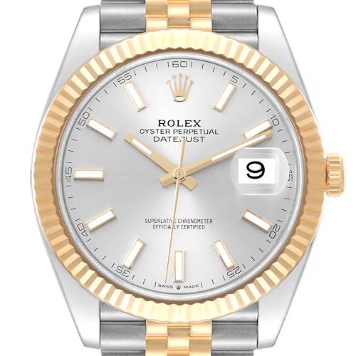 The image shows a front view of the Rolex Datejust 41 126333 Men's Steel and Gold (two tone) Silver Dial 126333 Men's Steel and Gold (two tone) Silver Dial, highlighting its dial, fluted bezel, and part of the bracelet.