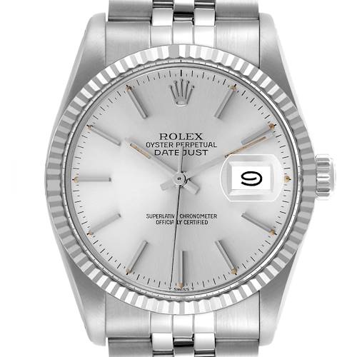 The Rolex Vintage Collection 16014 Men's Stainless Steel Silver Dial 16014 Men's Stainless Steel Silver Dial watch is shown from a frontal angle, displaying its silver dial, fluted bezel, and metal bracelet.