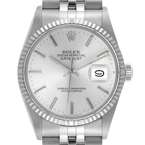 The Rolex Vintage Collection 16014 Men's Stainless Steel Silver Dial 16014 Men's Stainless Steel Silver Dial model is shown from the front, highlighting the dial, bezel, hands, date window, and part of the bracelet.