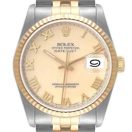 This image shows the watch face, bezel, and part of the bracelet of the Rolex Datejust 16233 Men's Steel and Gold (two tone) Beige Dial 16233 Men's Steel and Gold (two tone) Beige Dial model, at a front angle.
