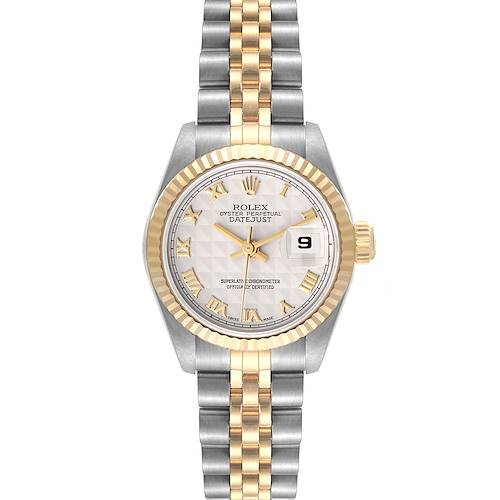 The image shows a Rolex Datejust 69173 Women's Steel and Gold (two tone) Beige Dial 69173 Women's Steel and Gold (two tone) Beige Dial watch from the front, highlighting its fluted bezel, dial, and jubilee bracelet.