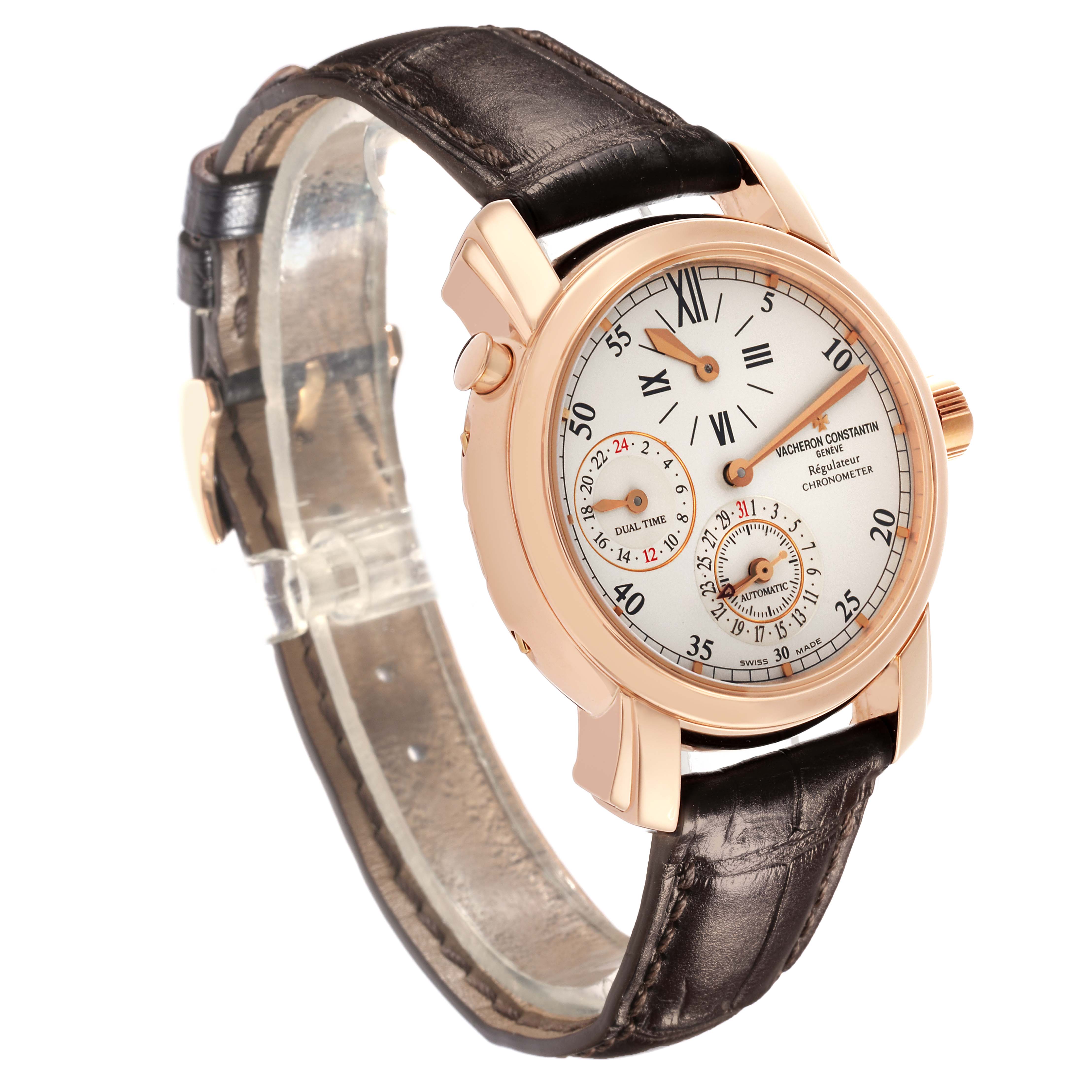 The Vacheron Constantin Malte 42005 Men's Rose Gold Silver Dial 42005 Men's Rose Gold Silver Dial watch is shown at an angle highlighting the dial, leather strap, and case.