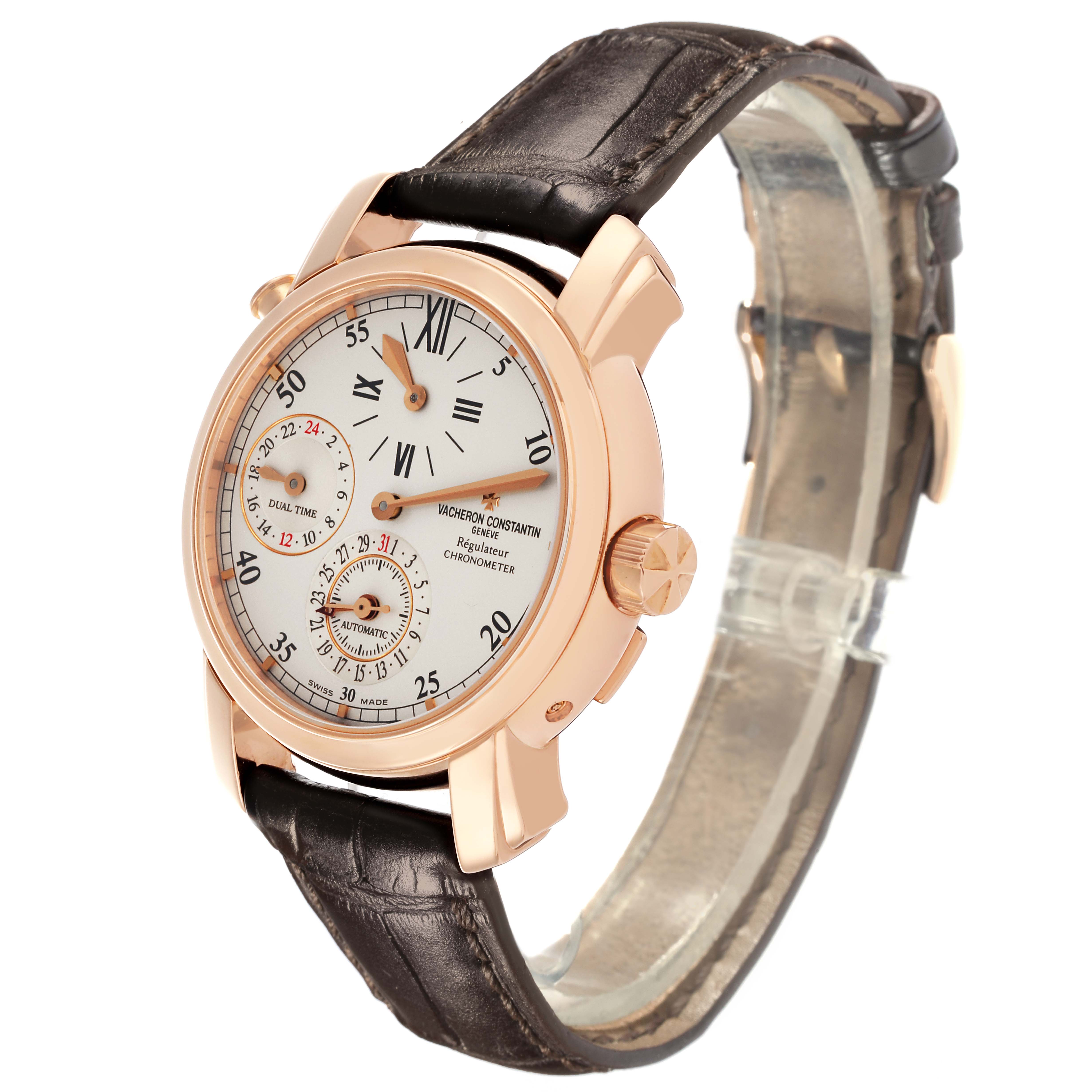 The Vacheron Constantin Malte 42005 Men's Rose Gold Silver Dial 42005 Men's Rose Gold Silver Dial watch is shown at an angled side view, displaying its dial, crown, and brown leather strap.