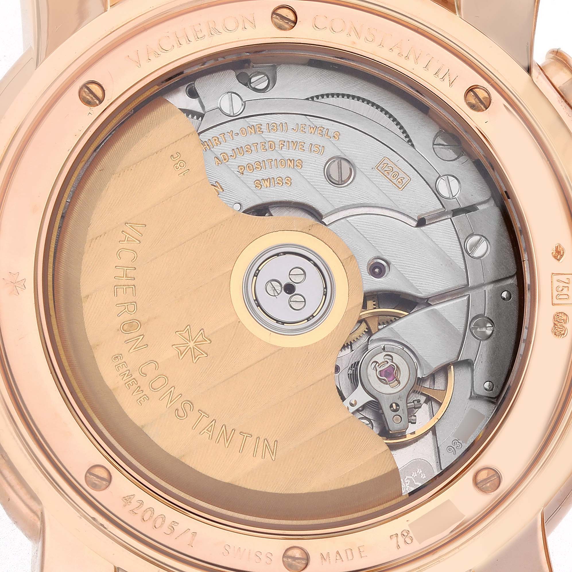 The image shows the back of a Vacheron Constantin Malte 42005 Men's Rose Gold Silver Dial 42005 Men's Rose Gold Silver Dial watch, featuring the exposed mechanical movement and branded rotor.