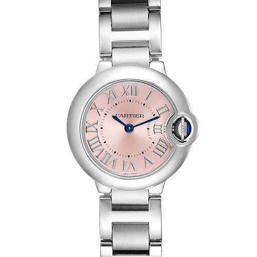 The image shows a front view of the Cartier Ballon Bleu W6920038 Women's Stainless Steel Pink Dial W6920038 Women's Stainless Steel Pink Dial watch with a pink dial, silver bracelet, and blue steel hands.