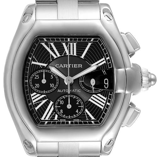 The image shows a front view of a Cartier Roadster W62020X6 Men's Stainless Steel Black Dial W62020X6 Men's Stainless Steel Black Dial watch, highlighting the face, bezel, crown, and part of the bracelet.